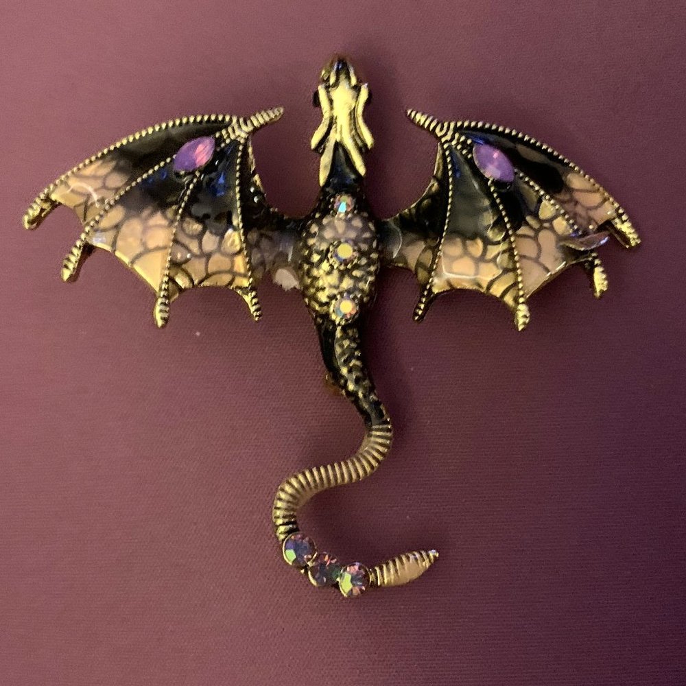 New 3D Enamel & Rhinestone Dragon Brooch Pin Pendant 2.75"x2.5" Black Purple